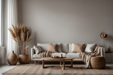  Living room interior wall mockup in white tones with leather sofa
