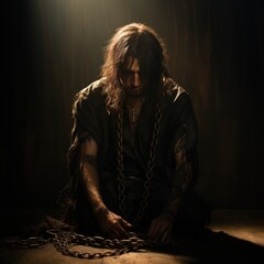 A man with long dark hair and tattoos kneels on a stone floor. He is wearing a tattered shirt and pants and is barefoot. His wrists and ankles are chained together. The man's head is bowed and his eye