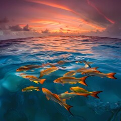 a fish swimming in the ocean with a sunset in the background - obrazy, fototapety, plakaty