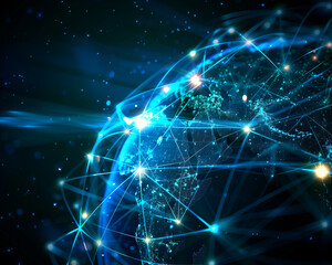 Global Network Connectivity Concept Illustration.  Digital graphic of Earth with glowing network connections, representing global communication and technology.