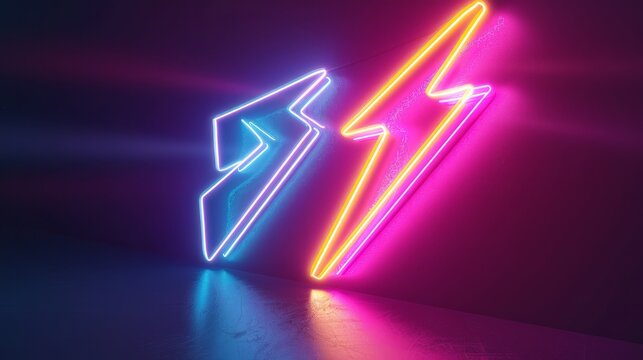 A striking 3D render of a lightning bolt symbol, glowing in neon style
