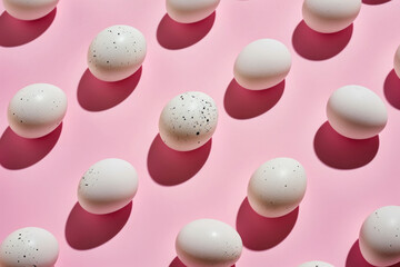Speckled Eggs on Pink Background with White and Black Spots for Easter and Spring Themes