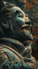 Fototapeta na wymiar A close up of a weatheredBing Ma Yong statue with a goatee