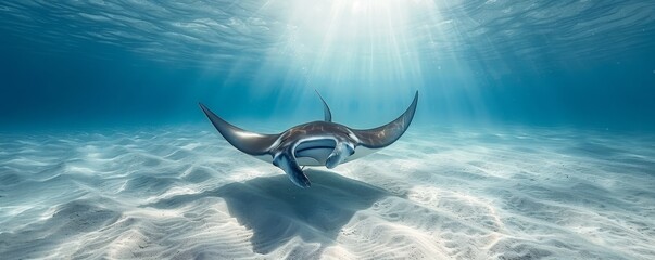A giant manta ray glides gracefully over a sandy ocean floor. - obrazy, fototapety, plakaty