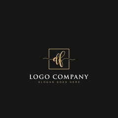 Initials signature letters DF linked inside minimalist luxurious square line box vector logo gold color designs for brand, identity, invitations, hotel, boutique, jewelry, photography or company signs