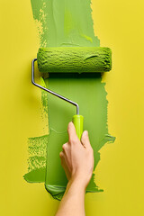 DIY Home Renovation with Hand Rolling Fresh Green Paint on Yellow wall Background