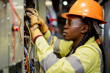 Focused black Electrician woman Adjusting Wiring in Industrial Electrical Panel