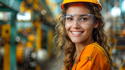 close up portrait of Confident Female Engineer Smiling in Industrial Setting with Safety Gear