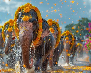 Panoramic procession of Thai elephants decorated with yellow cassia flowers Beautiful