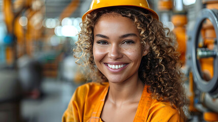 portrait of Smiling Young Female Mechanical Engineer with Protective Helmet in Factory smiling at camera