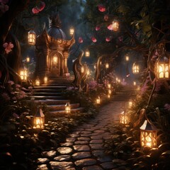 Obraz premium A stone path leading to a temple in a magical forest