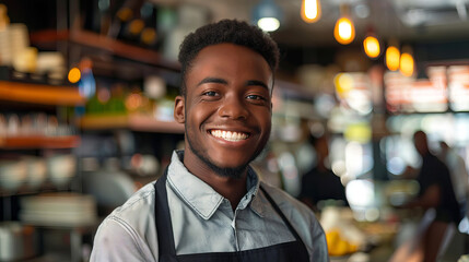 portrait of Cheerful African American Waiter Smiling at camera in a Busy Restaurant Setting