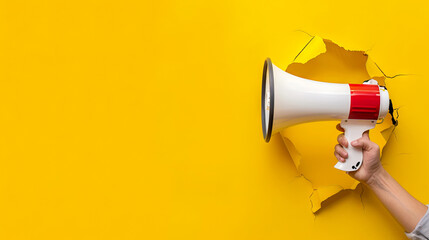 Hand Holding Megaphone Through Torn Yellow Paper Wall - Announcement Concept