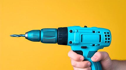 Hand Holding a Cordless Electric Drill on a Yellow Background with copy space