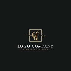 Initials signature letters HF linked inside minimalist luxurious square line box vector logo gold color designs for brand, identity, invitations, hotel, boutique, jewelry, photography or company signs