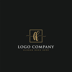 Initials signature letters LF linked inside minimalist luxurious square line box vector logo gold color designs for brand, identity, invitations, hotel, boutique, jewelry, photography or company signs