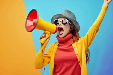 Excited Woman Yelling through Yellow Megaphone on a Bright Colorful Background