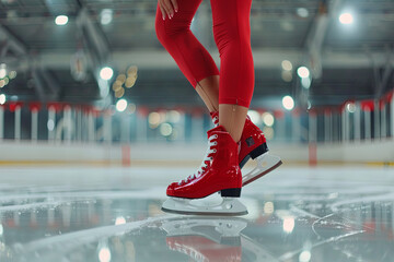 Spinning techniques and exercises. Girl, figure skating athlete in red sportswear training on ice...