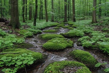 Fototapeta na wymiar A stream cuts through dense forest, surrounded by vibrant green foliage