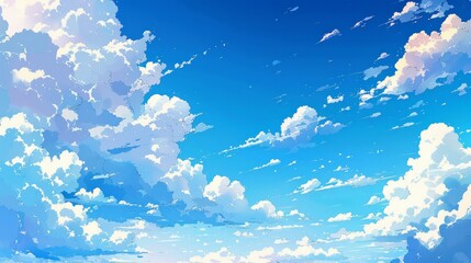 Fototapeta premium A clean and crisp vector background depicting blue skies and fluffy clouds, styled with a subtle anime influence