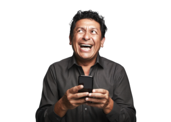 Cheerful Man with Phone on Transparent Background