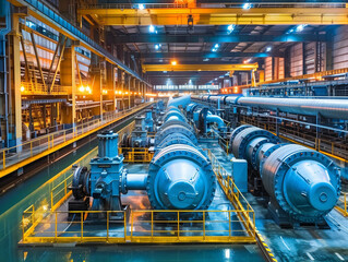 A perspective view of electric generators lined up in an industrial power plant, showcasing robust power generation machinery.