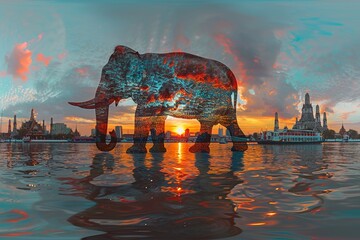 Elephant silhouette overlapped with Wat Arun Ratchawararam at sunset At dusk it merges with a kaleidoscope of colours Along the banks of the Chao Phraya River a