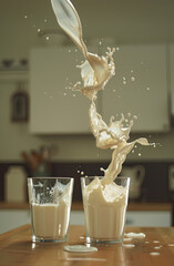 Capture the moment when milk flows smoothly from one glass to another