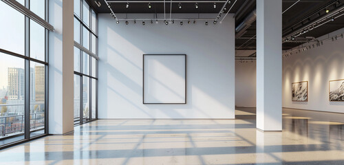 A gallery area with lofty ceilings and large windows that showcases a facsimile of an empty wall frame that is illuminated by natural light, fostering a calm and contemplative mood - obrazy, fototapety, plakaty