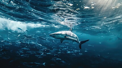 Fototapeta premium Professional photography of great white sharks in the blue sea