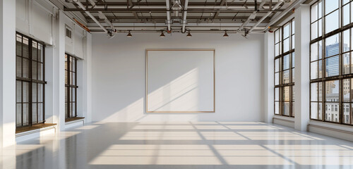 A gallery space with high ceilings and grand windows, featuring a blank empty wall frame mockup bathed in natural light, creating a serene atmosphere for contemplation