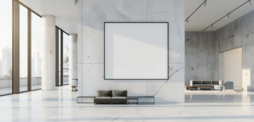 A minimalist contemporary art exhibition featuring a mockup of an empty wall frame set against a background of slick architecture and simple lines that embodies modern sophistication