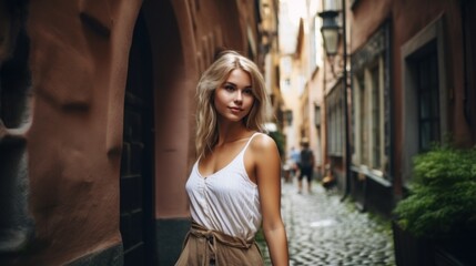 Naklejka premium Beautiful young Scandinavian woman with a curvaceous figure, exploring the historic alleys of the old town.