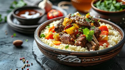 The national cuisine of Algeria is couscous with stewed meat and vegetables. - obrazy, fototapety, plakaty