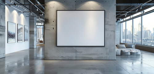 A modern exhibition area with a mockup of a blank wall frame set against a background of cityscapes