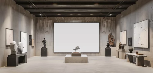 Foto op Canvas A tranquil art gallery with a zen-like ambiance, featuring a blank empty wall frame mockup surrounded by minimalist sculptures and calming artwork, inviting visitors to find inner peace © Stone Shoaib