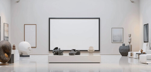 A tranquil art gallery with a zen-like ambiance, featuring a blank empty wall frame mockup surrounded by minimalist sculptures and soothing artwork