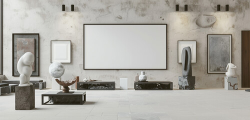 A zen-like, peaceful art exhibition with a blank, empty wall frame mockup surrounded by simple sculptures and calming paintings