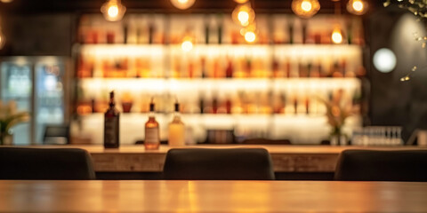  empty  table on Blurred bar background with shelves of bottles and chair in Luxury modern restaurant or hotel interior design,  - obrazy, fototapety, plakaty