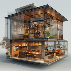 Interior of modern restaurant, 3D model of restaurant. Generative AI.