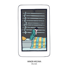 Tarot card vector deck . Minor Arcana Swords . Occult esoteric spiritual Tarot. Isolated colored hand drawn illustrations