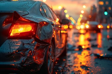 A dented car after an accident on the road, a collision due to breakneck speed and serious speeding - obrazy, fototapety, plakaty