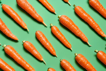 Pattern of Fresh Carrots on Green Background, Top View