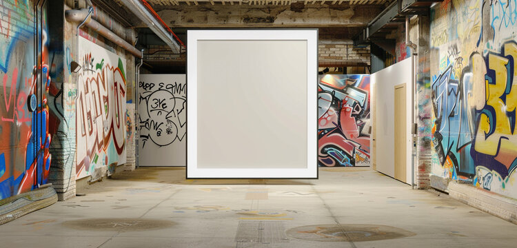 An eclectic art gallery with an industrial edge, featuring a blank empty wall frame mockup against graffiti-adorned walls and salvaged materials, celebrating artistic diversity and creativity