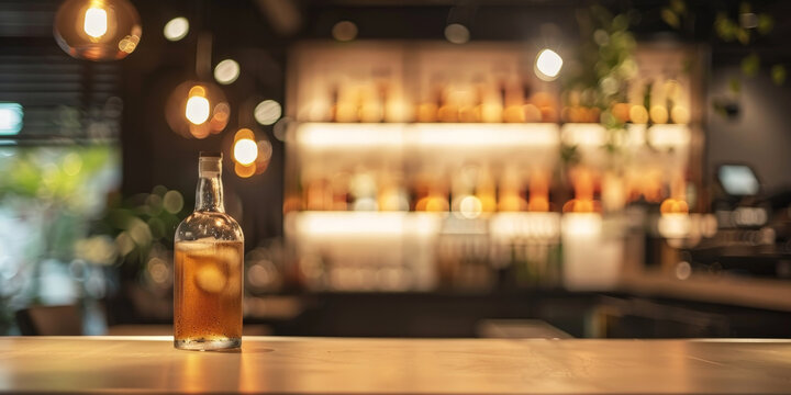  empty  table on Blurred bar background with shelves of bottles and chair in Luxury modern restaurant or hotel interior design, 