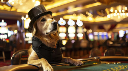 Dog Wearing Top Hat Sitting at Casino Table - obrazy, fototapety, plakaty