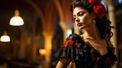 Beautiful young Spanish woman at a flamenco concert in Seville