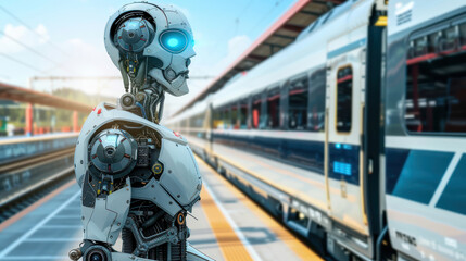 Robot Standing in Front of Train at Train Station