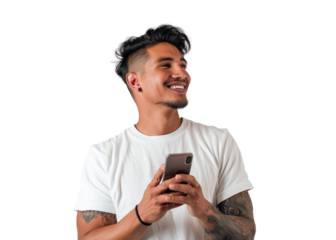 Cheerful Man with Phone on Transparent