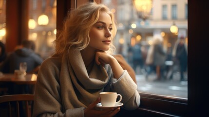 Beautiful young Scandinavian woman with a curvaceous figure, sipping coffee in a cozy cafe overlooking the city square